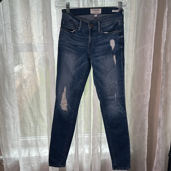 Frame Denim Jeans Women 25 Le Skinny de Jeanne Mid Rise distressed Blue Med Wash - Picture 2 of 16
